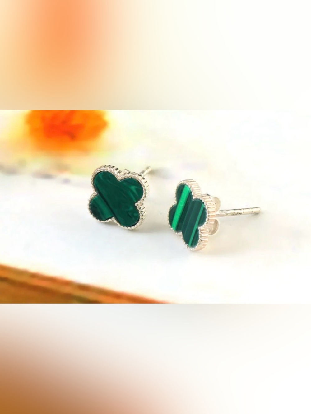 NWT 6MM Green Malachite & 925 Sterling Silver Clover Stud Earrings - Picture 5 of 5